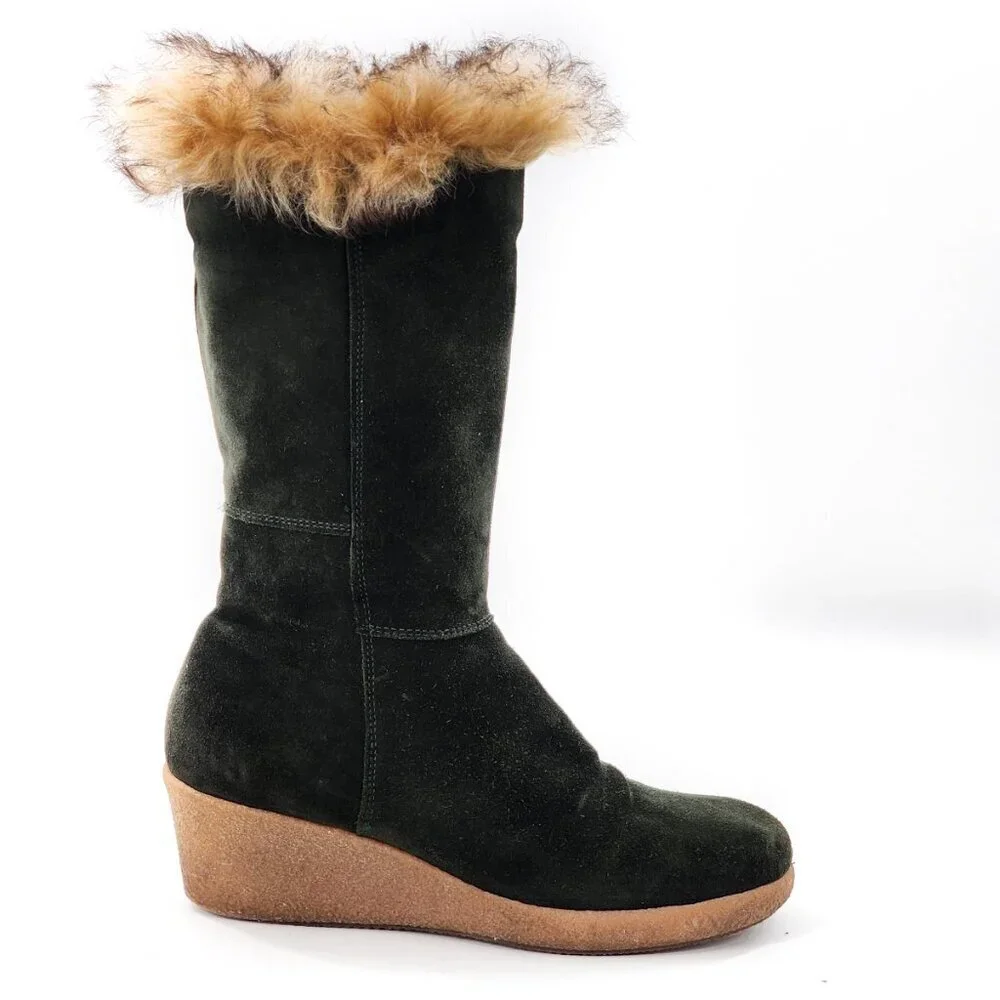 MAXIME‎ Vintage Dark Green Suede Wedge Winter Mid-Calf Boots Fur Trim